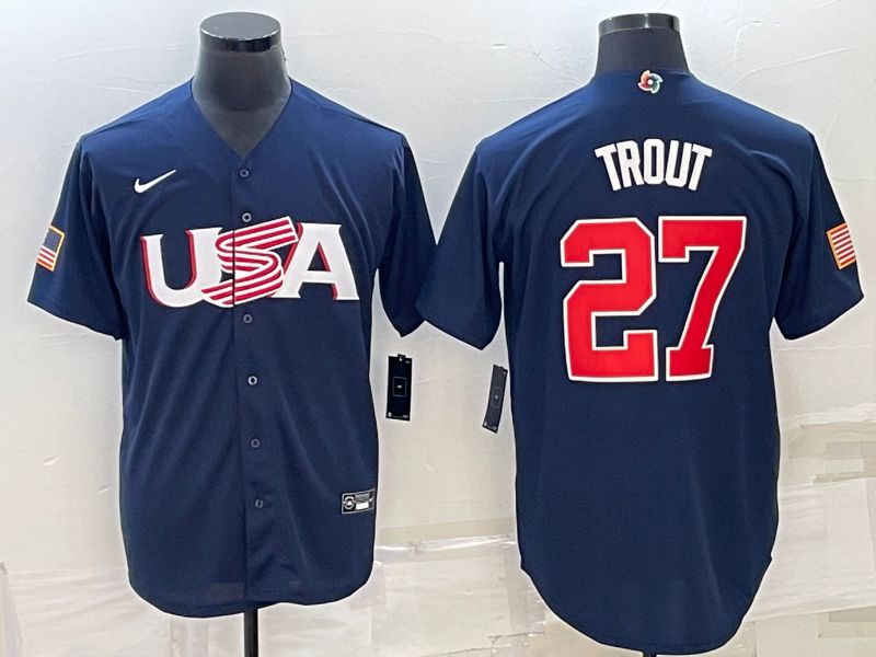 Men 2023 World Cub USA 27 Trout Blue Nike MLB Jersey6
